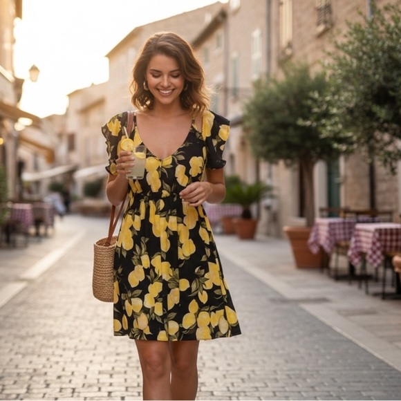 Women’s Rosette Spring Blue Dress With Yellow Lemons Flutter Sleeve Chiffon M - Picture 4 of 14